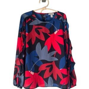 LOFT Bold Floral Ruffle Sleeve Keyhole Back Elasticized Cuffs Business Casual S
